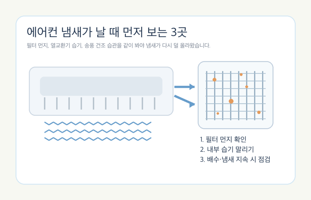 에어컨 냄새 원인을 필터 먼지와 내부 습기 관점에서 정리한 안내 이미지