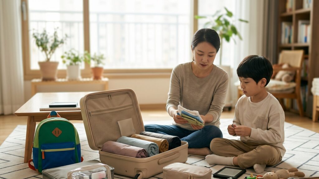 아이와 국내 1박 여행을 준비하며 작은 캐리어와 아이 가방에 넣을 짐을 고르는 모습