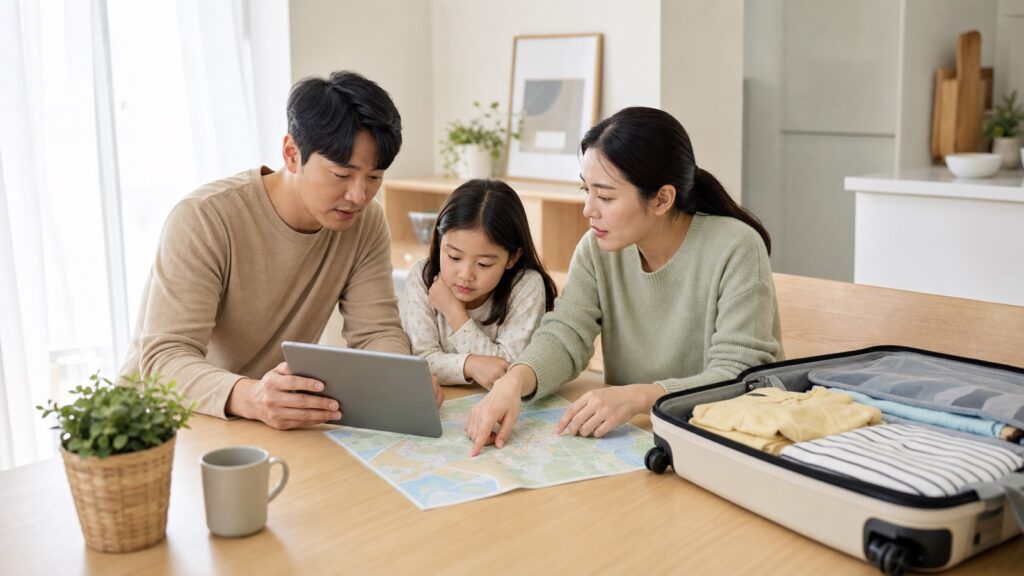부모와 아이가 작은 여행가방 옆에서 일정과 준비물을 함께 확인하는 모습
